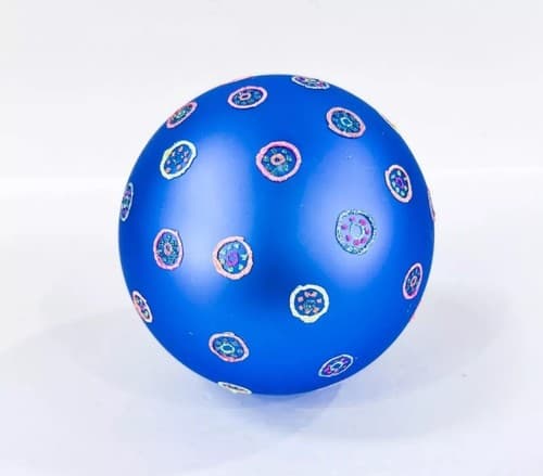 Vintage Round Blue w/ Glitter Design Blown Glass Christmas Ornament - Thumbnail 3