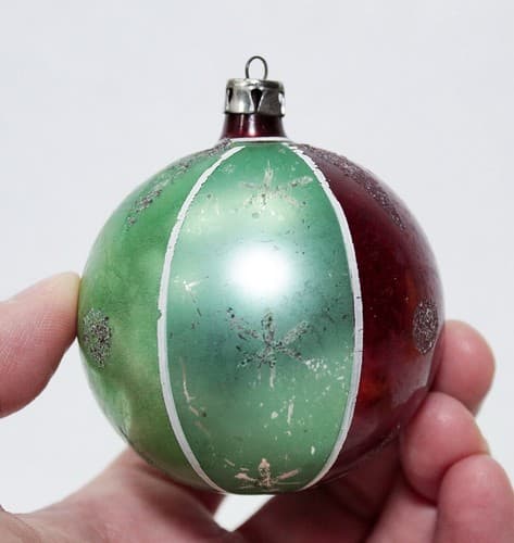 Vintage Old Poland Stencil Red/Green/Blue Glass Mica Striped Christmas Ornament - Thumbnail 2