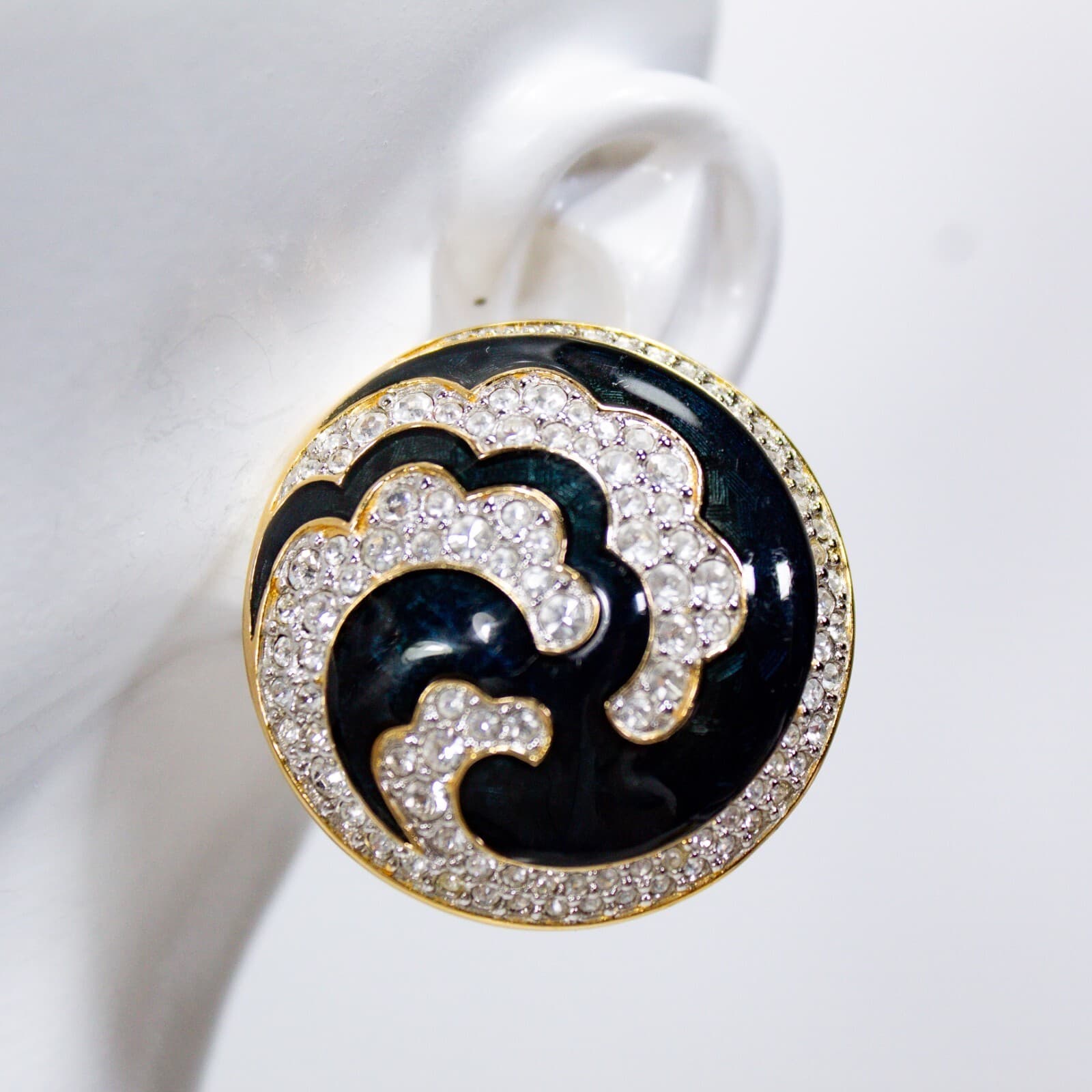Vtg SWAROVSKI Swan Signed Enamel Crystal Wave Swirl Clip On Earrrings - Thumbnail 2