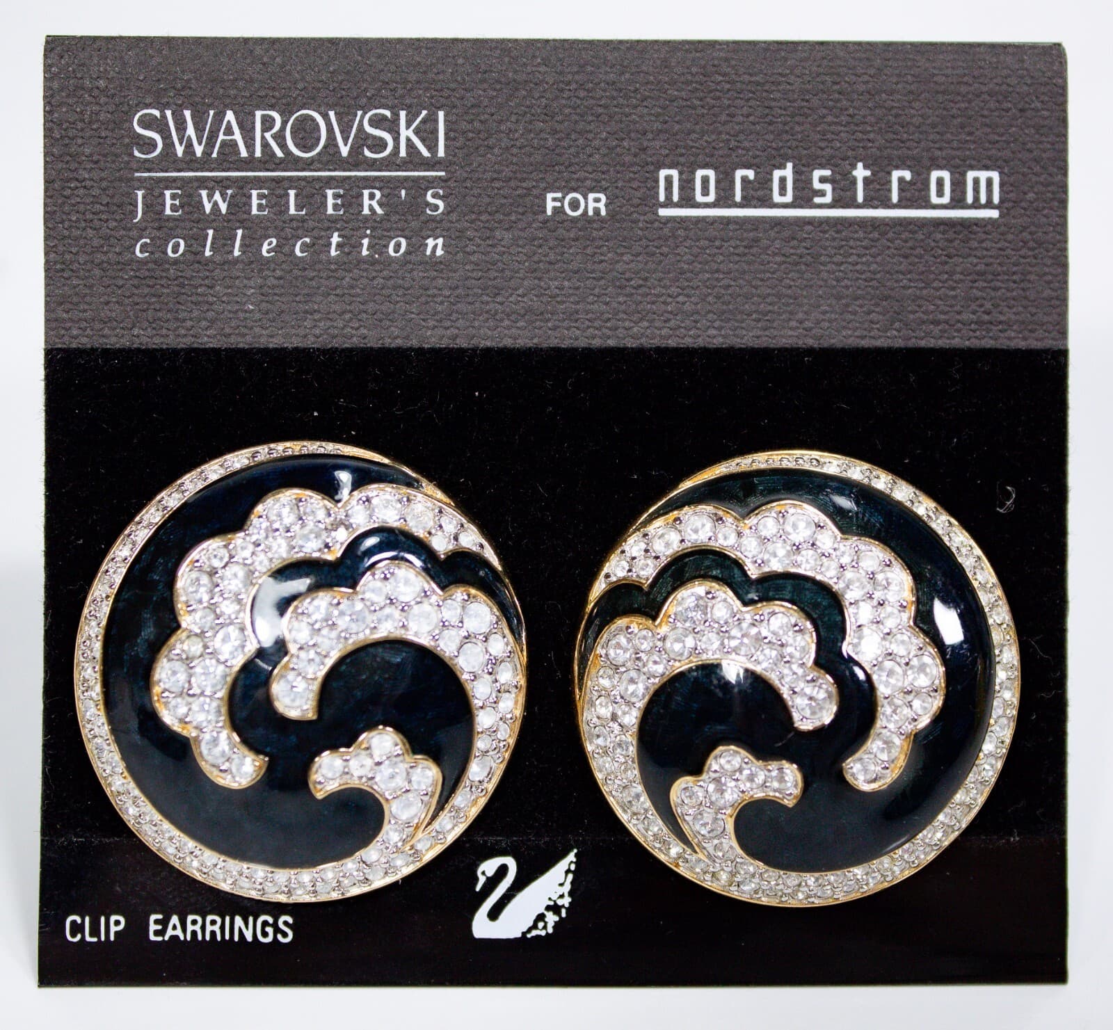 Vtg SWAROVSKI Swan Signed Enamel Crystal Wave Swirl Clip On Earrrings - Thumbnail 6