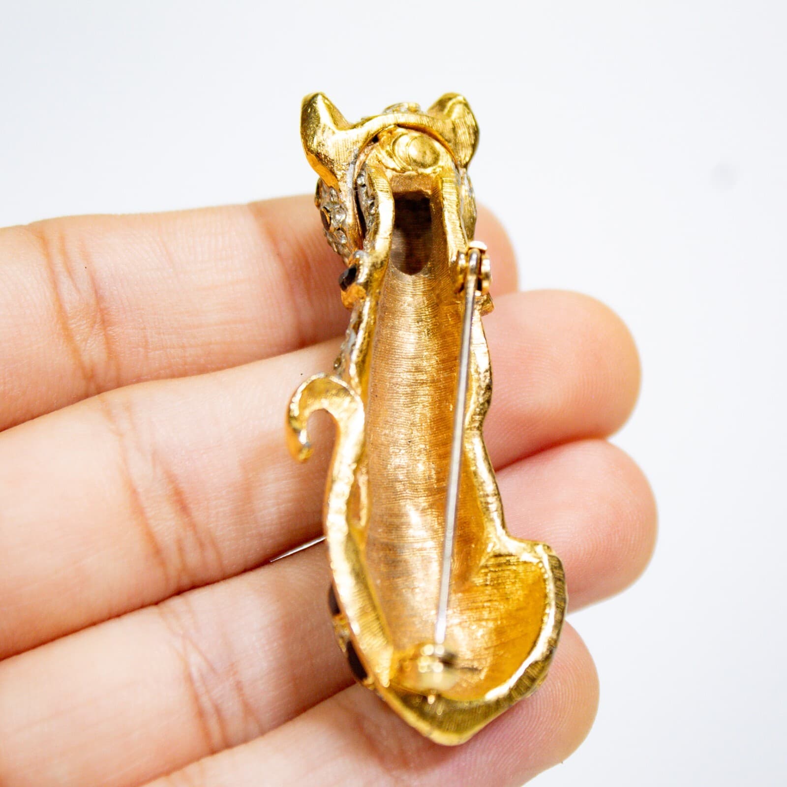 Vintage Gold Tone Pave Rhinestones Sphinx Cat Enamel Brooch Pin - Thumbnail 3