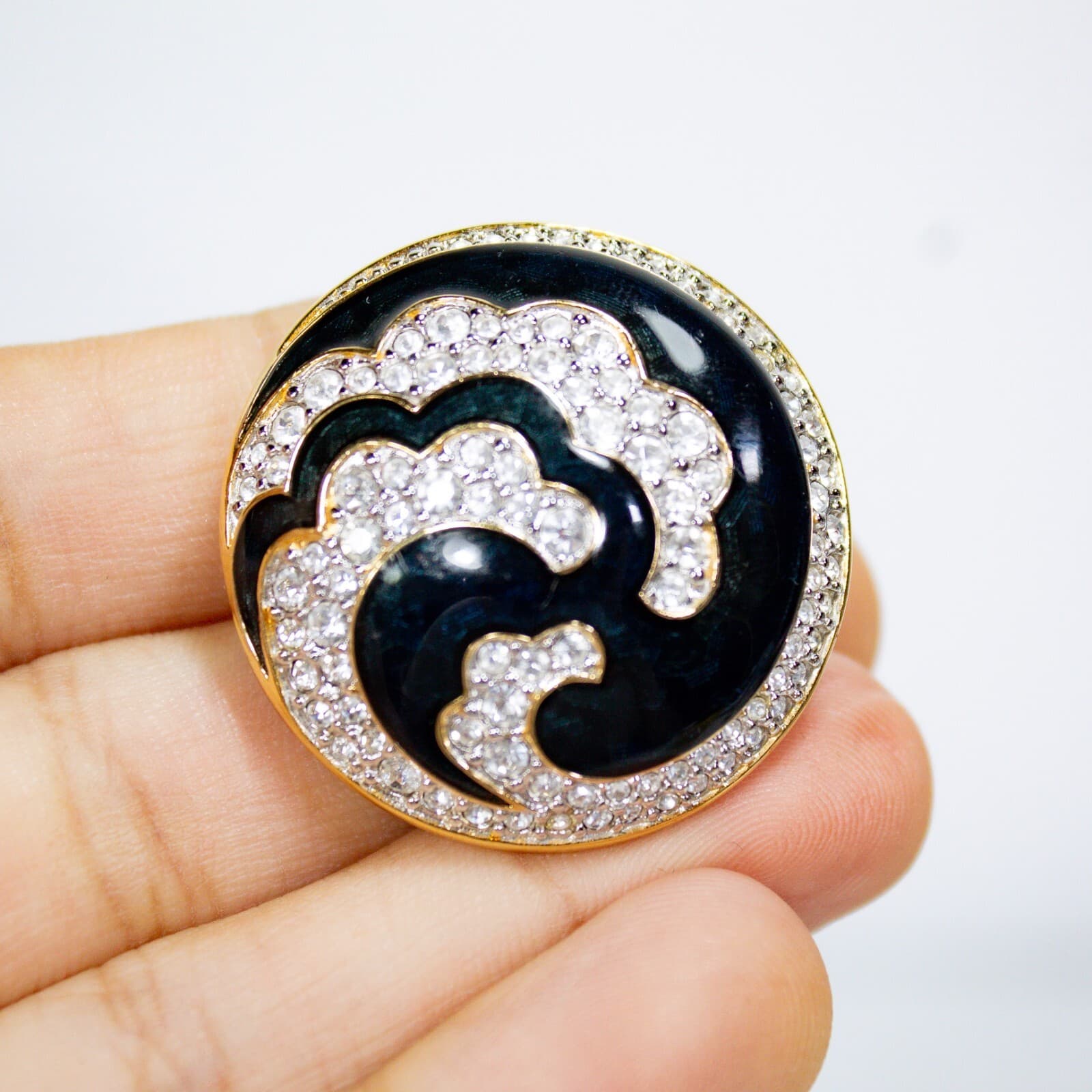 Vtg SWAROVSKI Swan Signed Enamel Crystal Wave Swirl Clip On Earrrings - Thumbnail 3