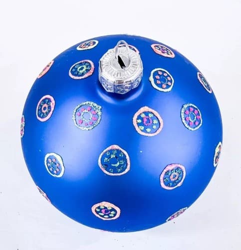 Vintage Round Blue w/ Glitter Design Blown Glass Christmas Ornament - Thumbnail 2