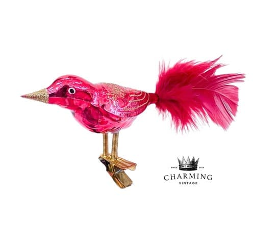 Vintage Glass Red Gold Glitter Feathered Clip On Bird Christmas Ornament - Image 1