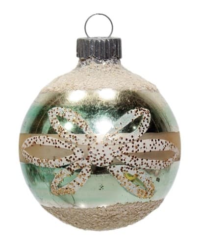Vintage SHINY BRITE Silvered Green Striped Gold Glitter Glass Christmas Ornament - Image 1
