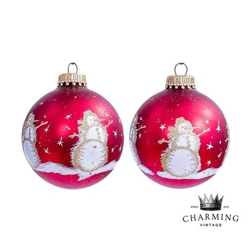2 Vintage Krebs Red Round Blown Glass Snowman Christmas Ornament - Image 1