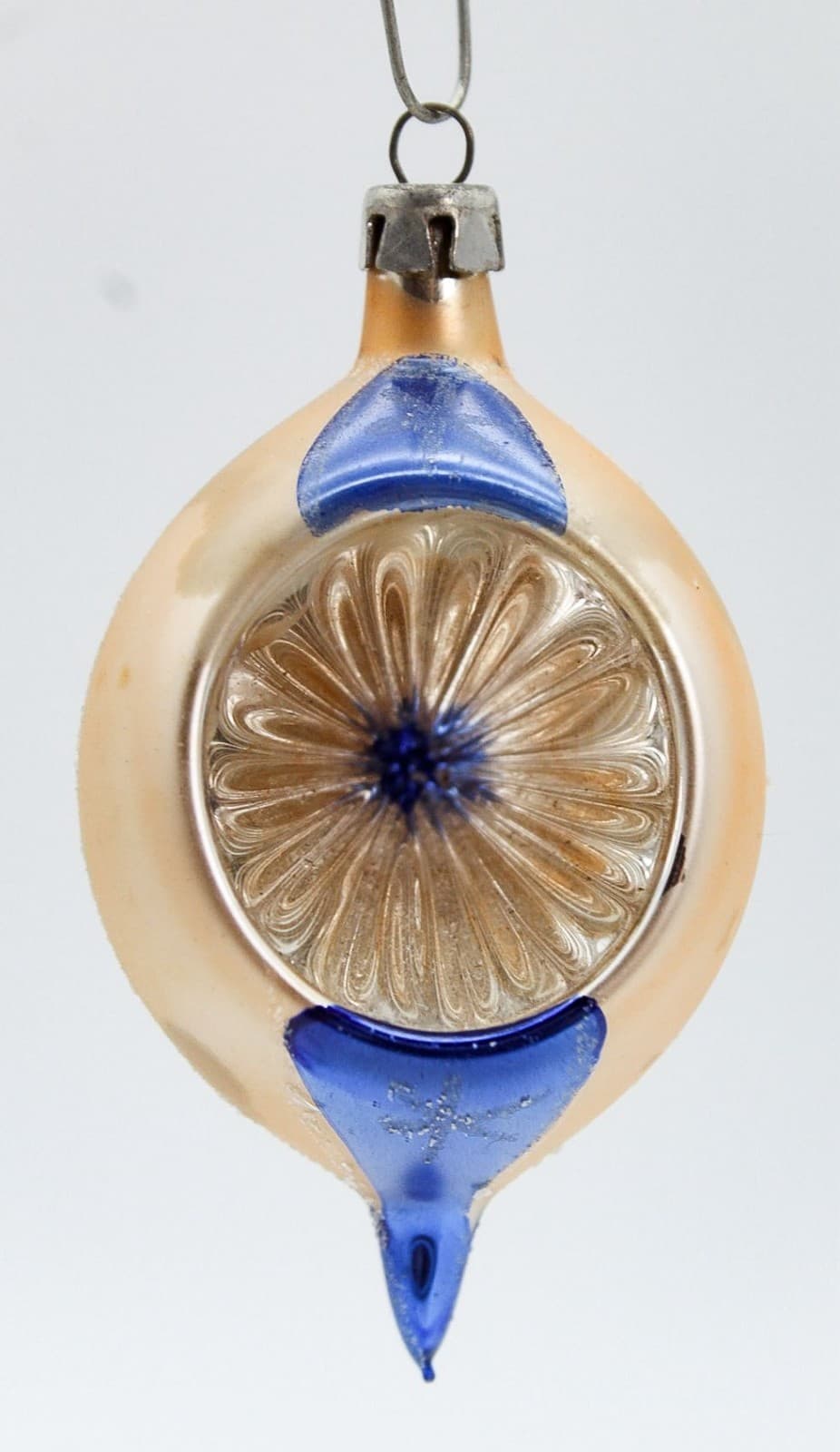Vtg POLAND Hand Painted Indent Reflector Blue/Beige Glass Christmas Ornament - Thumbnail 3