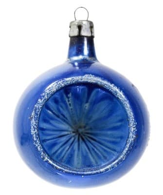 Vintage Made In Poland Indent Reflector Mica Blue Glass Christmas Ornament - Image 1