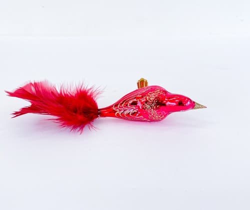 Vintage Glass Red Gold Glitter Feathered Clip On Bird Christmas Ornament - Thumbnail 3