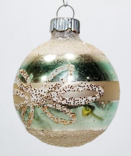 Vintage SHINY BRITE Silvered Green Striped Gold Glitter Glass Christmas Ornament - Thumbnail 4