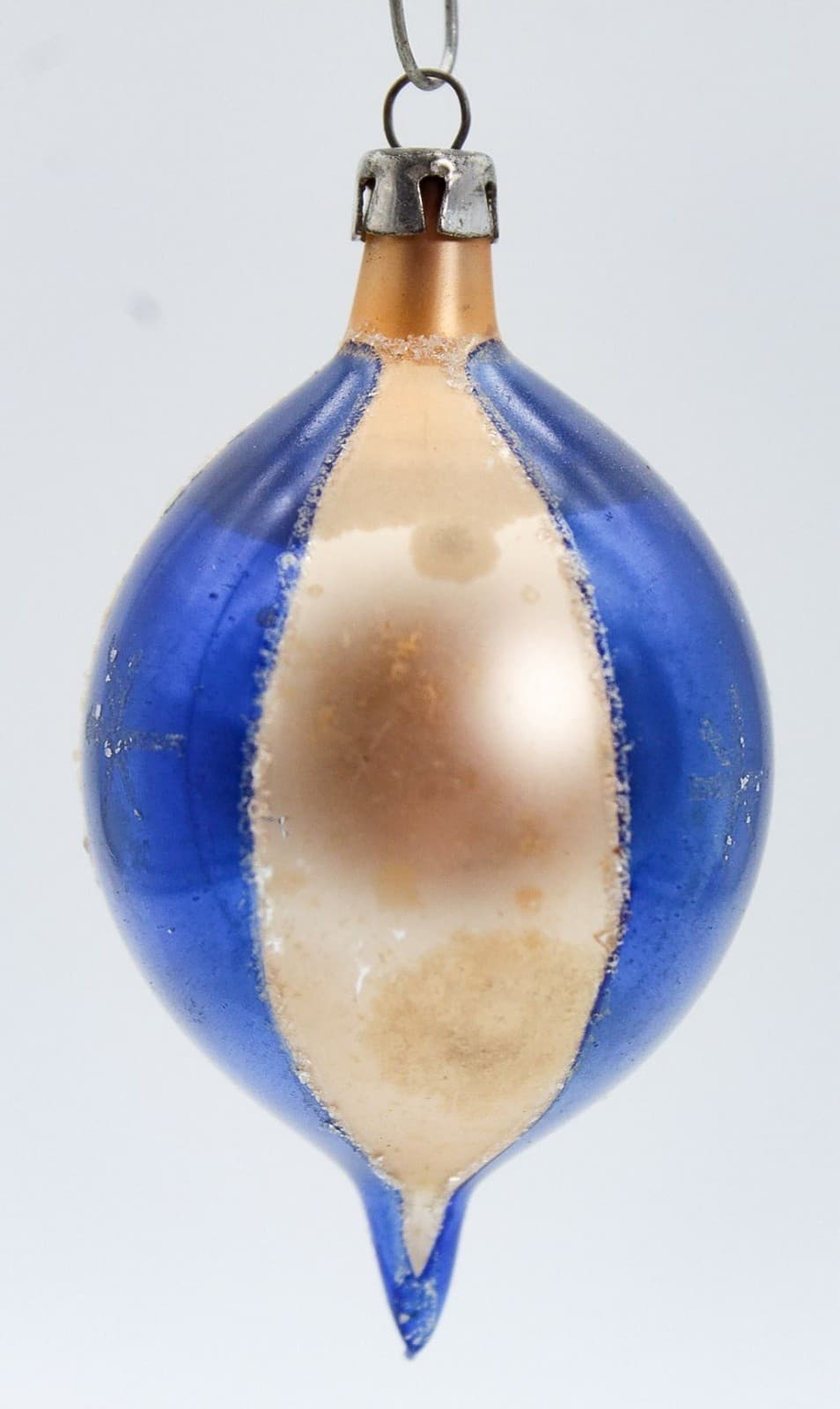 Vtg POLAND Hand Painted Indent Reflector Blue/Beige Glass Christmas Ornament - Thumbnail 4