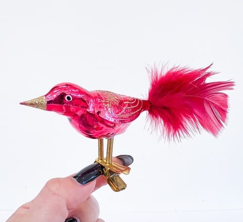 Vintage Glass Red Gold Glitter Feathered Clip On Bird Christmas Ornament - Thumbnail 4