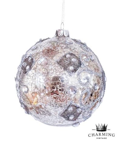 Vintage Mercury Silver Ice Mirror Glass Beaded Round Glass Christmas Ornament - Image 1
