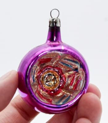 Vintage Poland Purple Indent Reflector Round Glass Christmas Ornament - Thumbnail 2