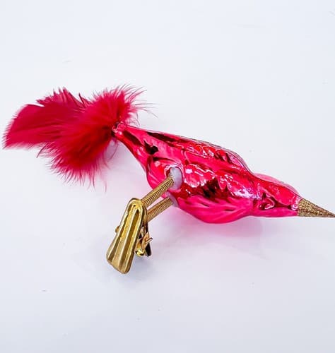 Vintage Glass Red Gold Glitter Feathered Clip On Bird Christmas Ornament - Thumbnail 5
