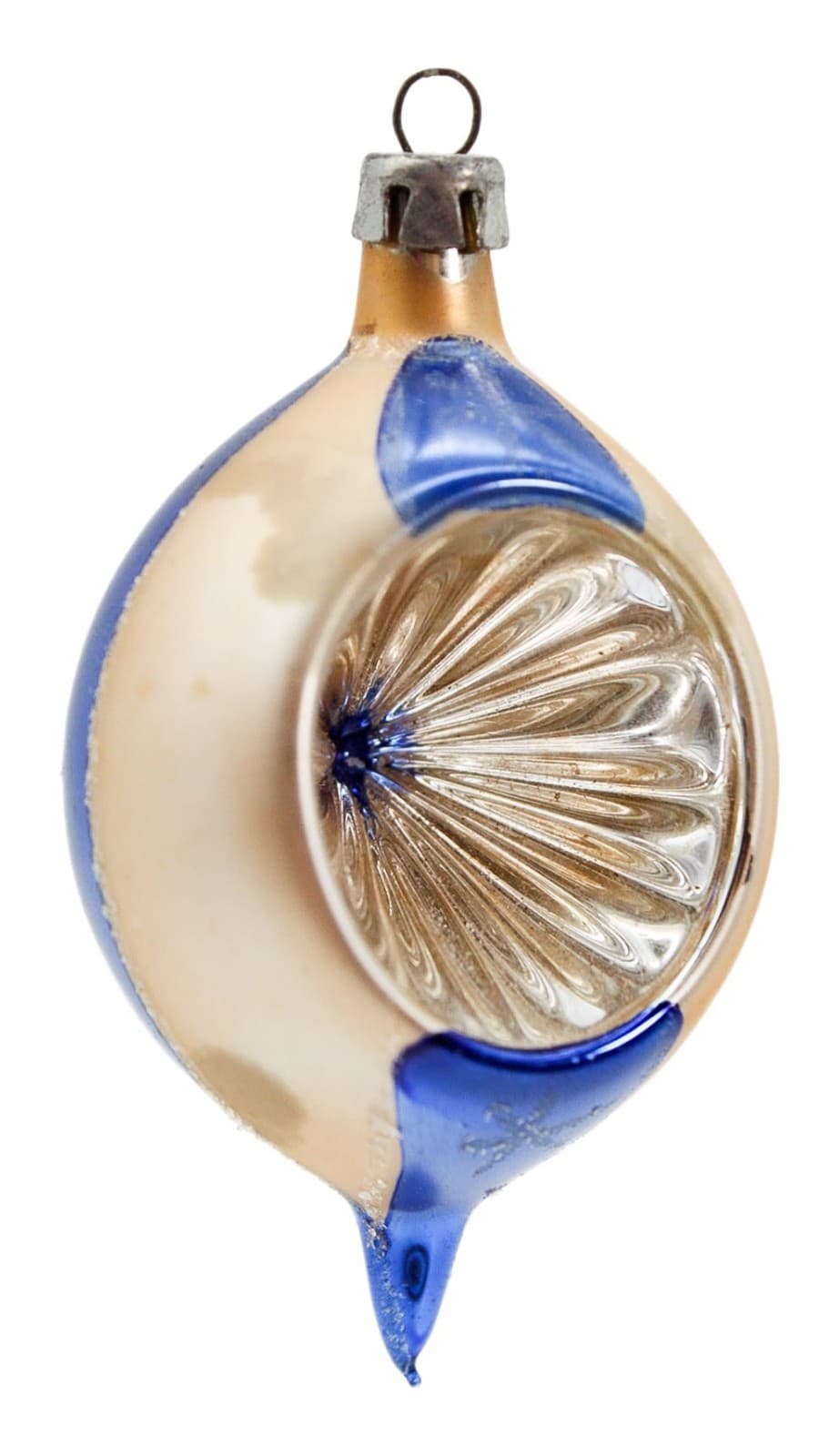 Vtg POLAND Hand Painted Indent Reflector Blue/Beige Glass Christmas Ornament - Image 1