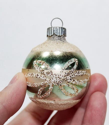Vintage SHINY BRITE Silvered Green Striped Gold Glitter Glass Christmas Ornament - Thumbnail 2