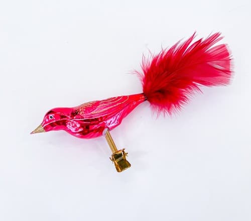 Vintage Glass Red Gold Glitter Feathered Clip On Bird Christmas Ornament - Thumbnail 2