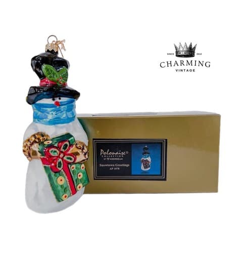 Retired Kurt S. Adler Polonaise Snowtown Greetings Snowman Glass Ornament w/ Box - Image 1