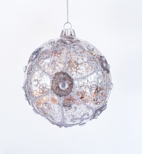 Vintage Mercury Silver Ice Mirror Glass Beaded Round Glass Christmas Ornament - Thumbnail 2