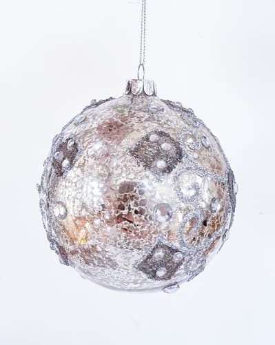 Vintage Mercury Silver Ice Mirror Glass Beaded Round Glass Christmas Ornament - Thumbnail 5