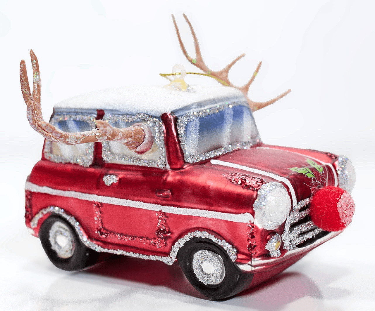 LIVING QUARTERS Rudolph Red Car Reindeer Glass Christmas Ornament - Image 1