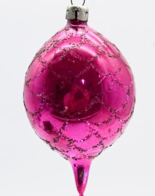 Vtg POLAND Mica Hot Pink Indent Reflector Teardrop Glass Christmas Ornament - Thumbnail 3