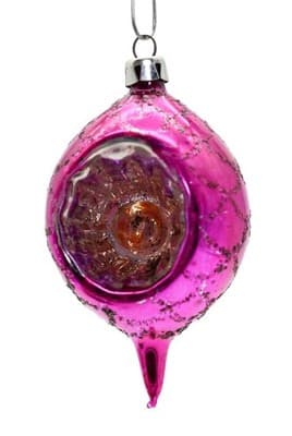 Vtg POLAND Mica Hot Pink Indent Reflector Teardrop Glass Christmas Ornament - Image 1