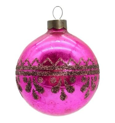 Vintage SHINY BRITE U.S.A. Mica Ornate Hot Pink Ball Glass Christmas Ornament - Image 1