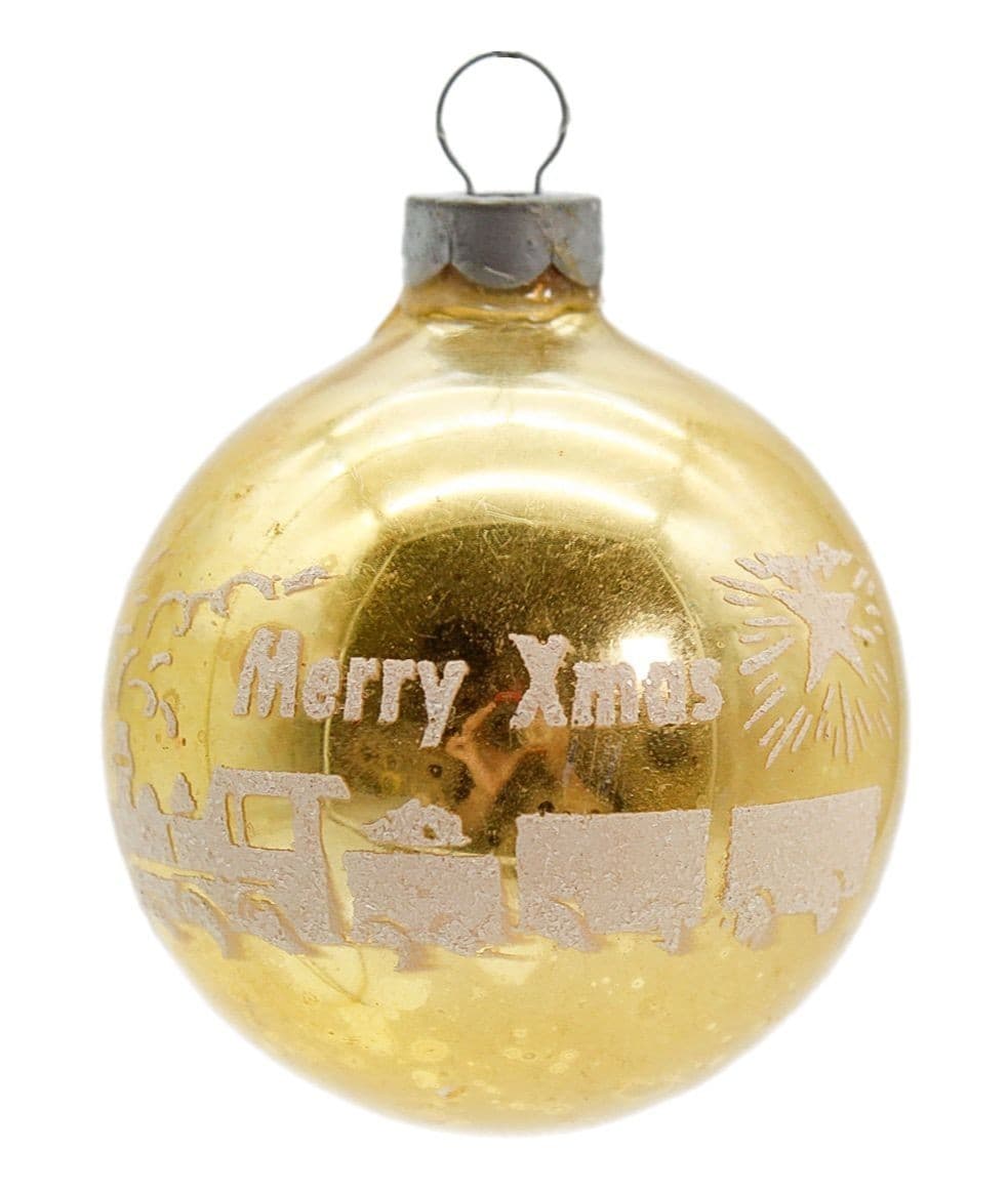 Vintage SHINY BRITE "Merry Christmas" Stencil Train Gold Glass Ornament - Image 1