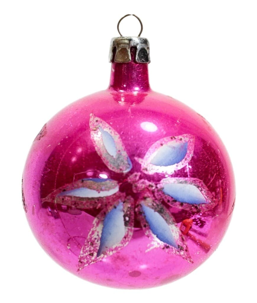 Vintane POLAND Hot Pink Mica Stencil Floral Pattern Glass Christmas Ornament - Image 1