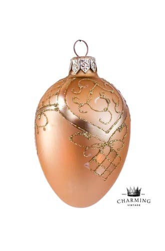 Vintage Gold Glitter Designed Blown Glass Egg Shaped Christmas Ornament - Image 1