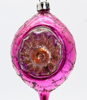 Vtg POLAND Mica Hot Pink Indent Reflector Teardrop Glass Christmas Ornament - Thumbnail 4