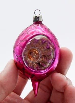 Vtg POLAND Mica Hot Pink Indent Reflector Teardrop Glass Christmas Ornament - Thumbnail 2