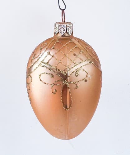 Vintage Gold Glitter Designed Blown Glass Egg Shaped Christmas Ornament - Thumbnail 4