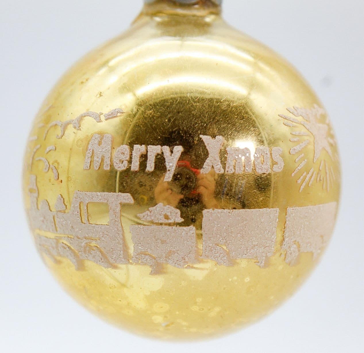 Vintage SHINY BRITE "Merry Christmas" Stencil Train Gold Glass Ornament - Thumbnail 2