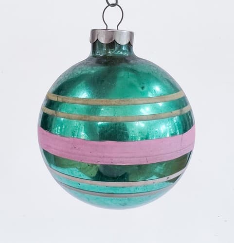 Vintage Mercury Striped Green Glass Hand Painted Christmas Ornament - Thumbnail 2