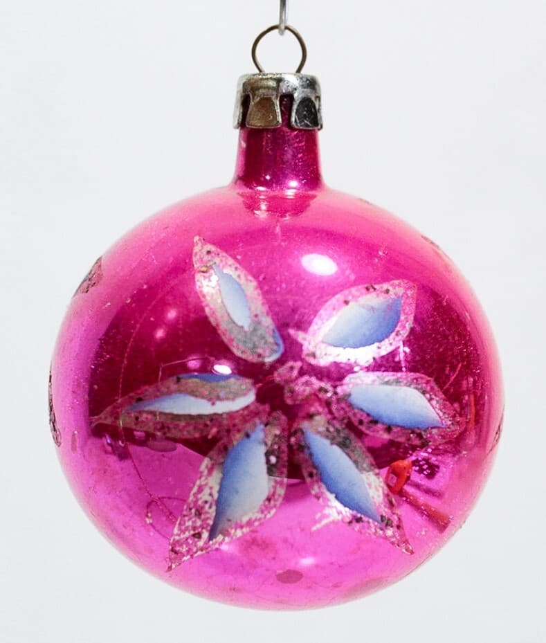 Vintane POLAND Hot Pink Mica Stencil Floral Pattern Glass Christmas Ornament - Thumbnail 3