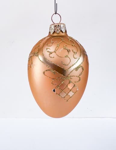 Vintage Gold Glitter Designed Blown Glass Egg Shaped Christmas Ornament - Thumbnail 2