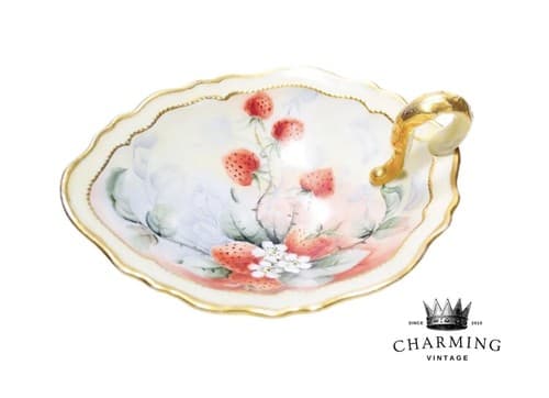 Antique Hand Painted ROYAL AUSTRIA Stawberry Gilt Handled Porcelain Serving Dish - Image 1