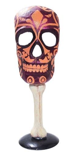 Handmade Paper Mache Purple & Orange Halloween Skeleton Mask On Stand Decoration - Image 1
