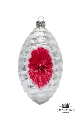 Vintage Red and Silver Glass Pinecone Motif Reflector Christmas Ornament - Image 1