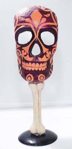 Handmade Paper Mache Purple & Orange Halloween Skeleton Mask On Stand Decoration - Thumbnail 6