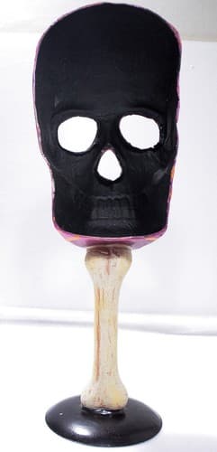 Handmade Paper Mache Purple & Orange Halloween Skeleton Mask On Stand Decoration - Thumbnail 4