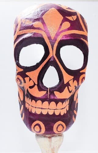 Handmade Paper Mache Purple & Orange Halloween Skeleton Mask On Stand Decoration - Thumbnail 2