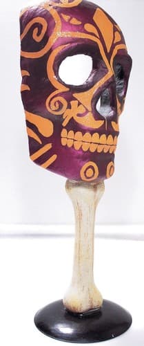 Handmade Paper Mache Purple & Orange Halloween Skeleton Mask On Stand Decoration - Thumbnail 3
