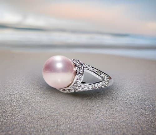 Vintage Pink Shell Pearl Silver Tone w/ Zirconia Women Ring Size 8 - Image 1