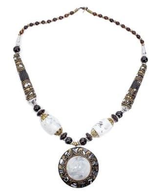 Vintage Beaded White Round Pendant Brass Inlay Plastic Statement Necklace - Image 1