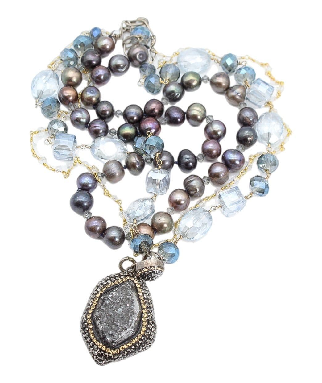 Sterling Silver Triple Strand Natural Baroque Pearl Hematite & Crystal Statement - Image 1