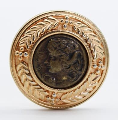 Vintage PREMIER Marked Portrait Cameo Gold Tone Round Clip On Earrings - Thumbnail 3